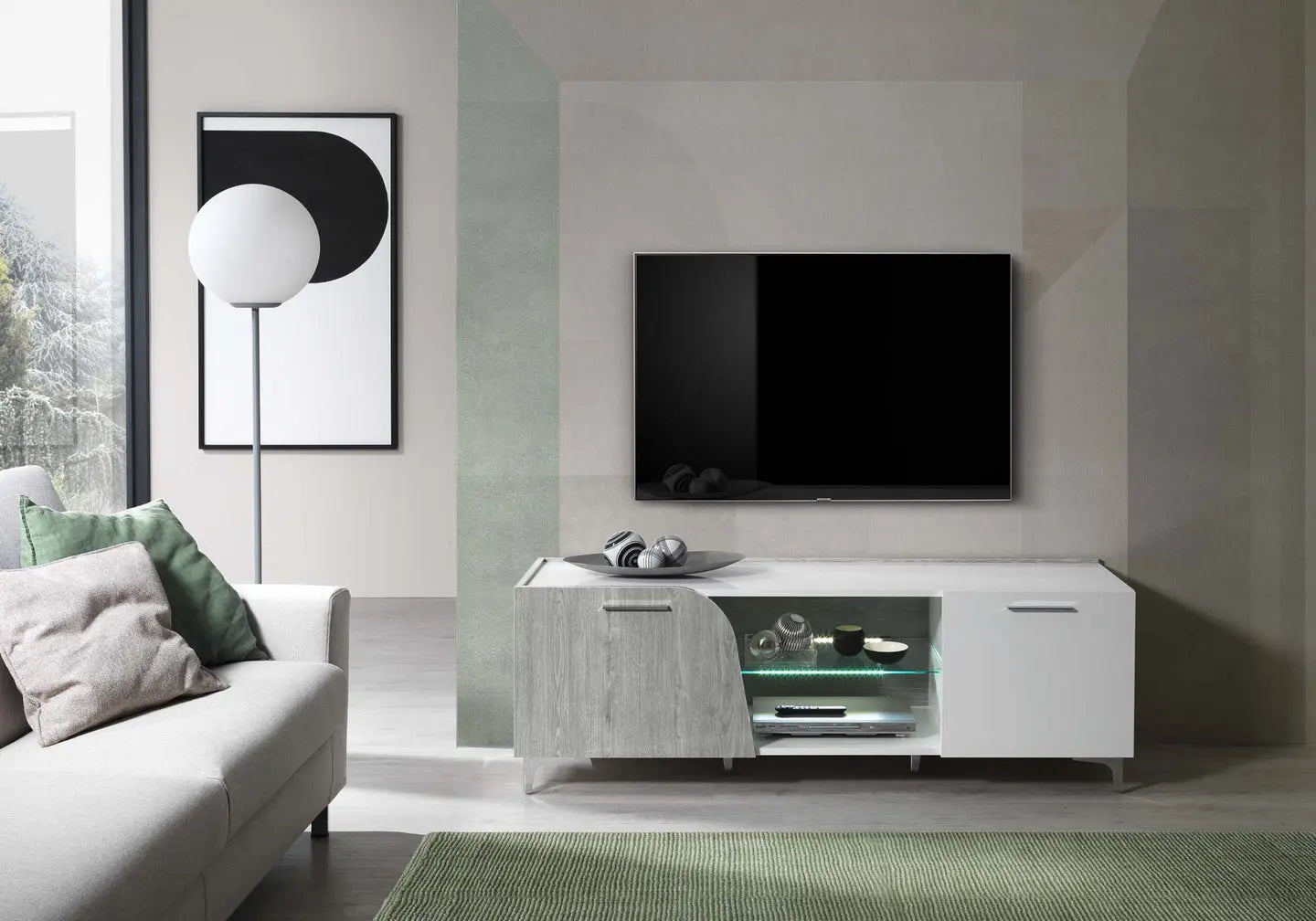 Mur TV chêne gris laqué led LIPARI Italian TL