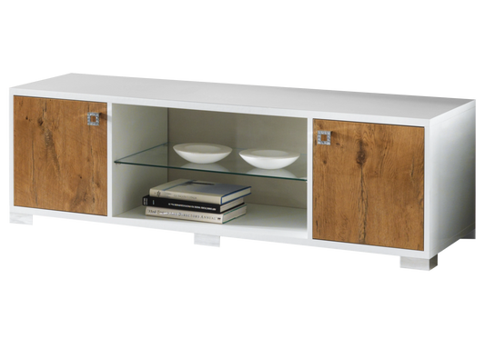 Ensemble mur TV laqué blanc & bois naturel – SARAH