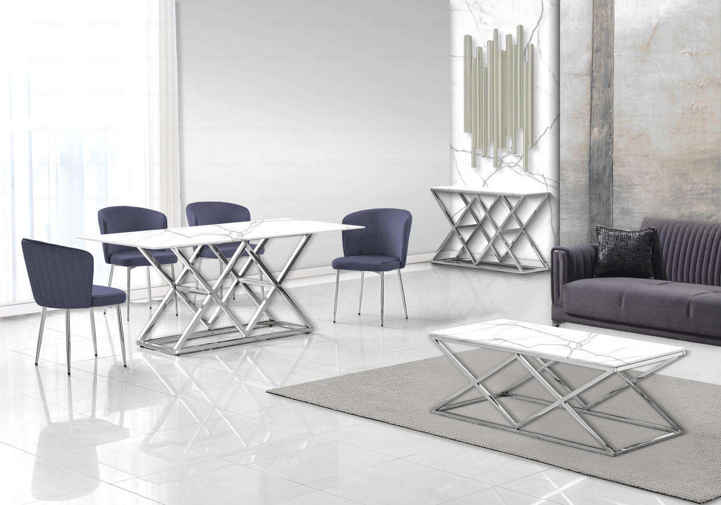 Salle à manger marbre blanc et Chaises velours anthracite chromé ERLY - DEKOFLIX