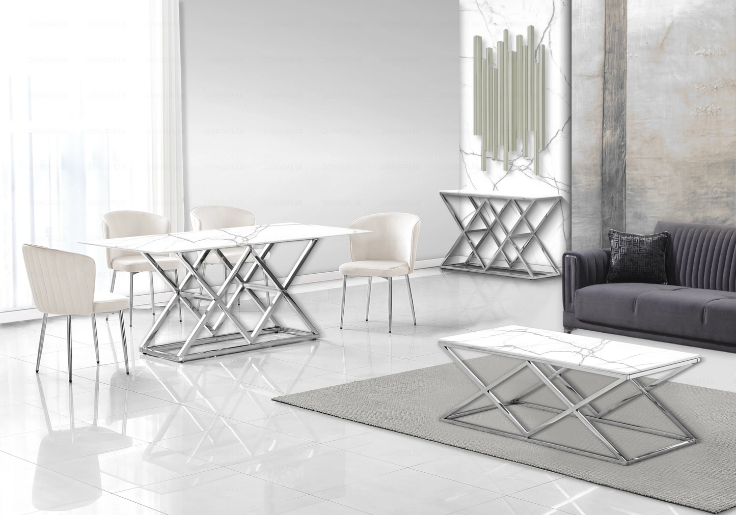 Table basse chromée marbre blanc design ERLY - DEKOFLIX