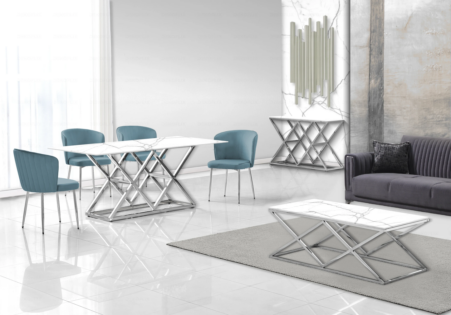 Salle à manger marbre blanc et Chaises velours bleu chromé ERLY - DEKOFLIX