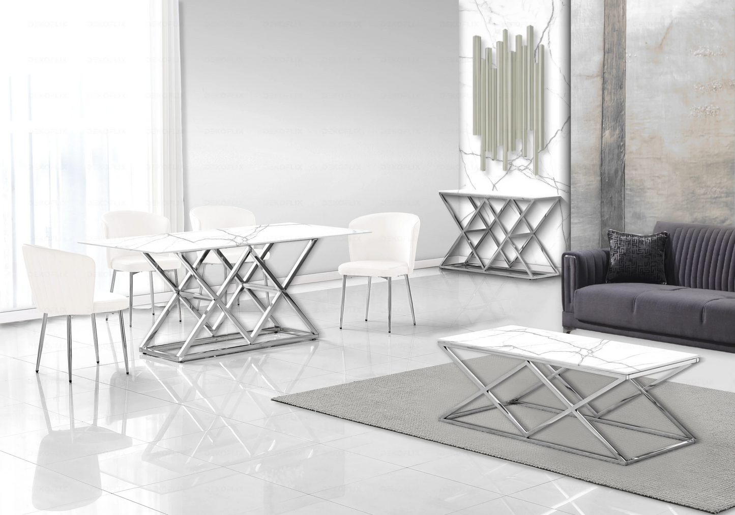 Salle à manger marbre blanc et Chaises velours écru chromé ERLY - DEKOFLIX