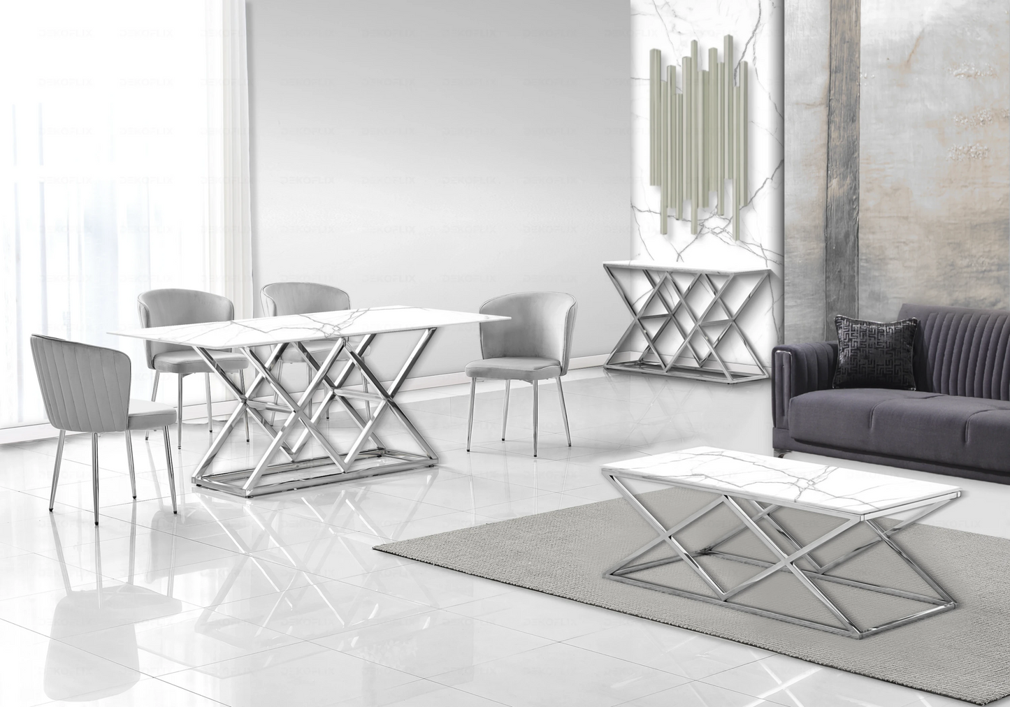 Salle à manger marbre blanc et Chaises velours gris chromé ERLY - DEKOFLIX
