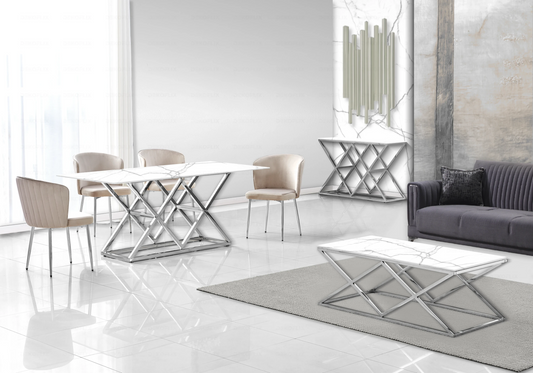 Table marbre blanc et Chaises velours moka chromé ERLY - DEKOFLIX