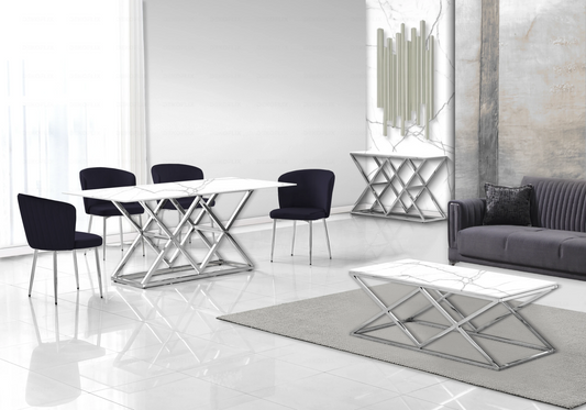 Table marbre blanc et Chaises velours noir chromé ERLY - DEKOFLIX
