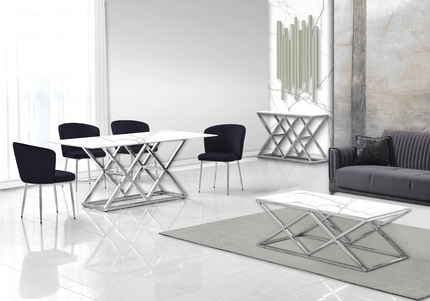 Salle à manger marbre blanc et Chaises velours noir chromé ERLY - DEKOFLIX