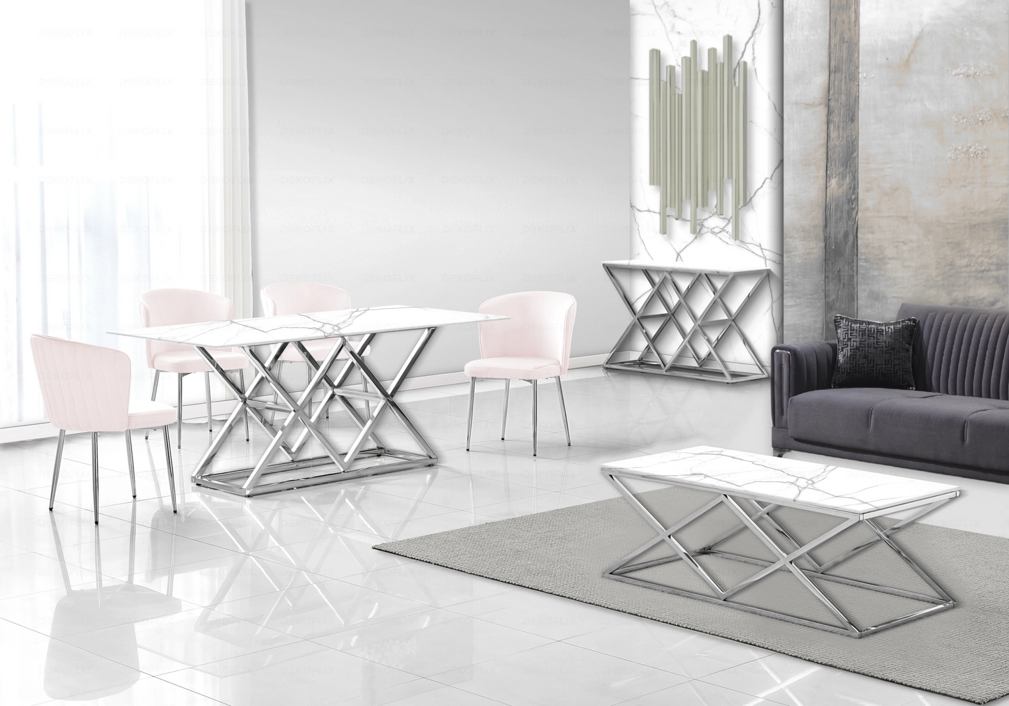 Chaise chromée velours rose DIVA - Lot de 4