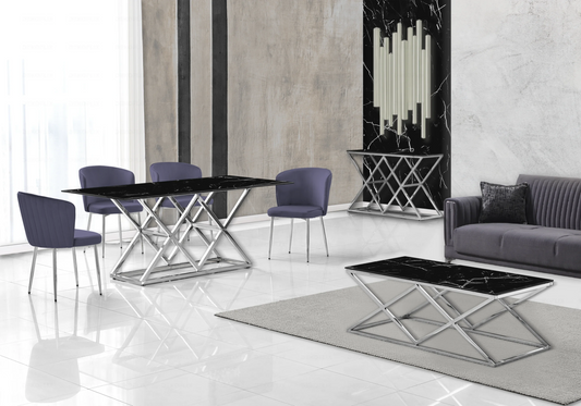 Salle à manger marbre noir et Chaises velours anthracite chromé ERLY - DEKOFLIX
