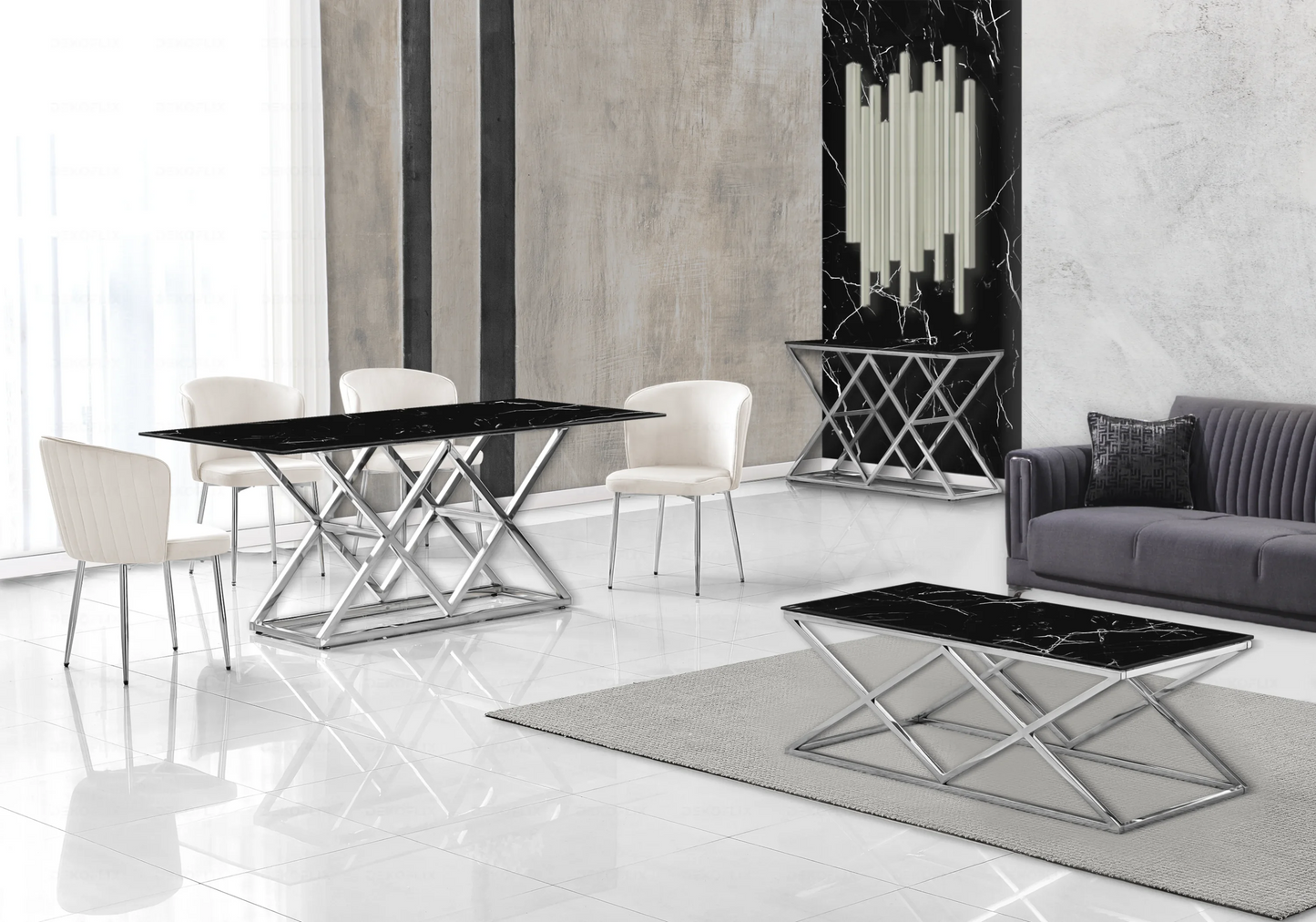Table a manger chromée marbre noir design ERLY - DEKOFLIX