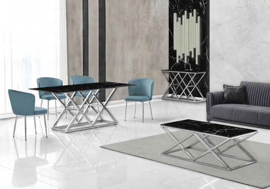 Salle à manger marbre noir et Chaises velours bleu chromé ERLY - DEKOFLIX