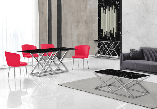 Table marbre noir et Chaises velours fuchsia chromé ERLY - DEKOFLIX