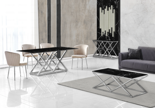 Salle à manger marbre noir et Chaises velours moka chromé ERLY - DEKOFLIX