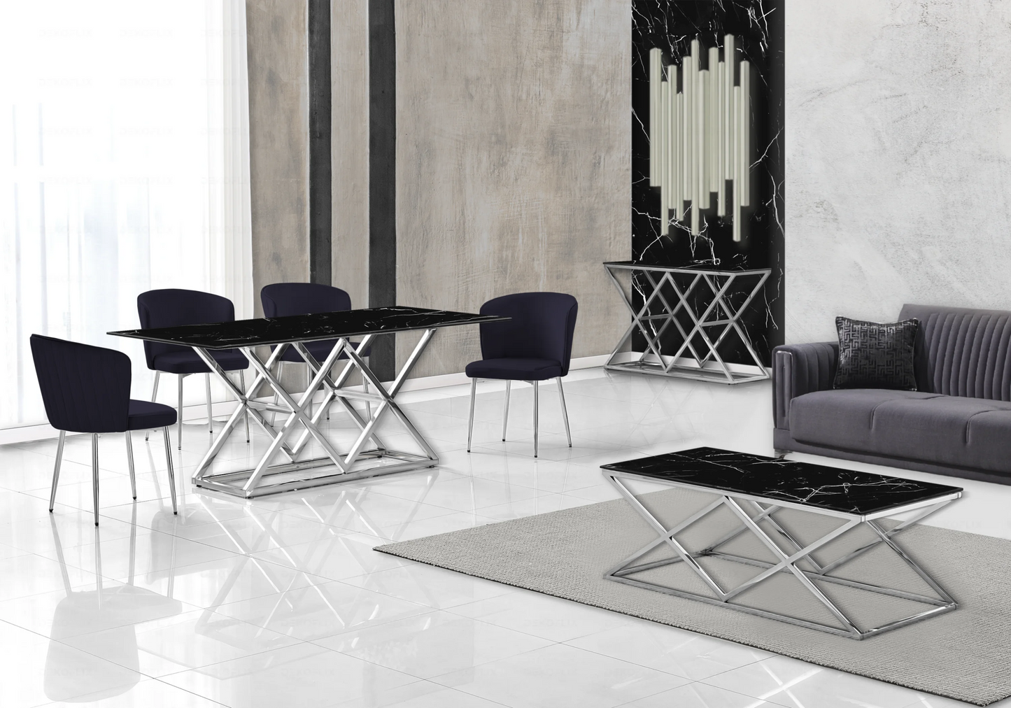 Chaise chromée velours noir DIVA - Lot de 4