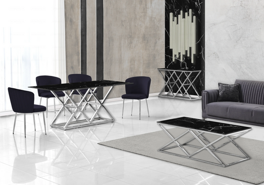 Table marbre noir et Chaises velours noir chromé ERLY - DEKOFLIX