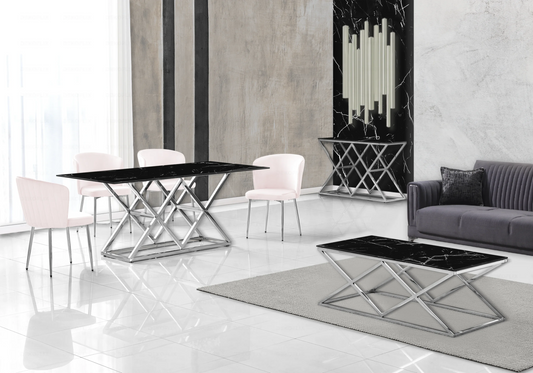 Table marbre noir et Chaises velours rose chromé ERLY - DEKOFLIX
