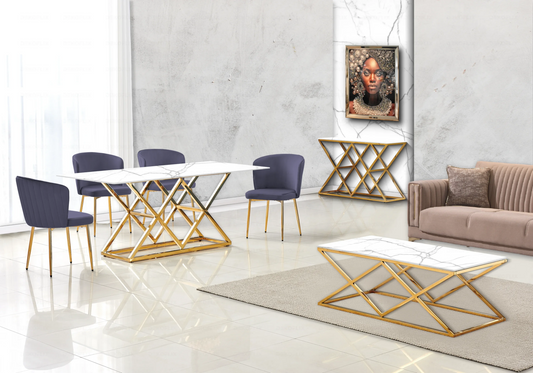 Salle à manger marbre blanc et Chaises velours anthracite doré ERLY - DEKOFLIX