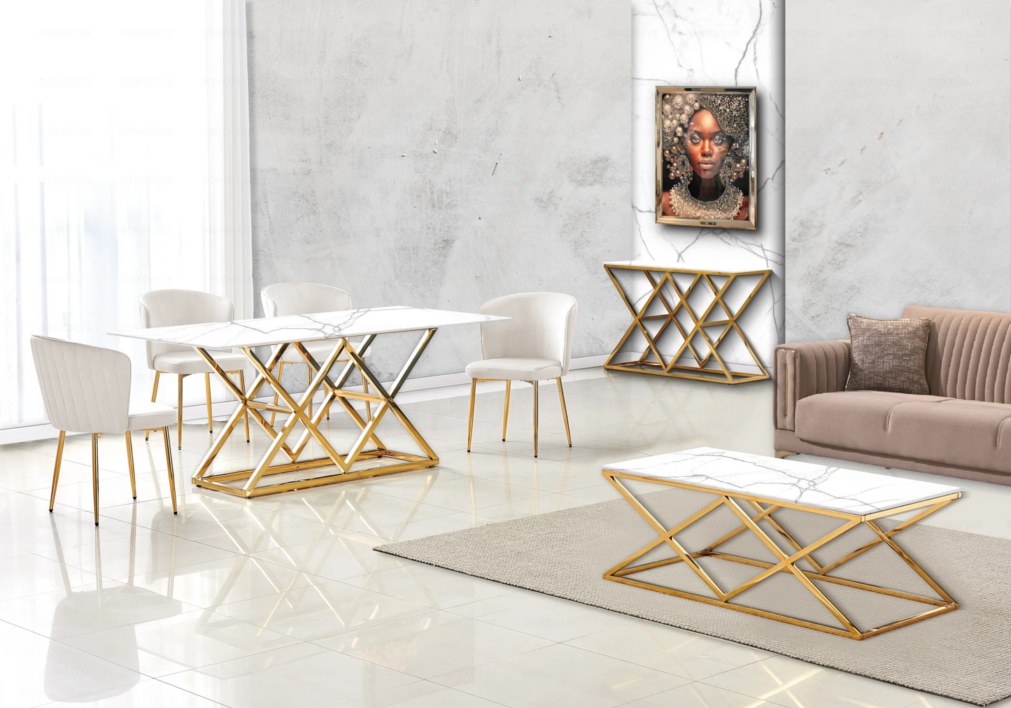 Table a manger dorée marbre blanc design ERLY - DEKOFLIX