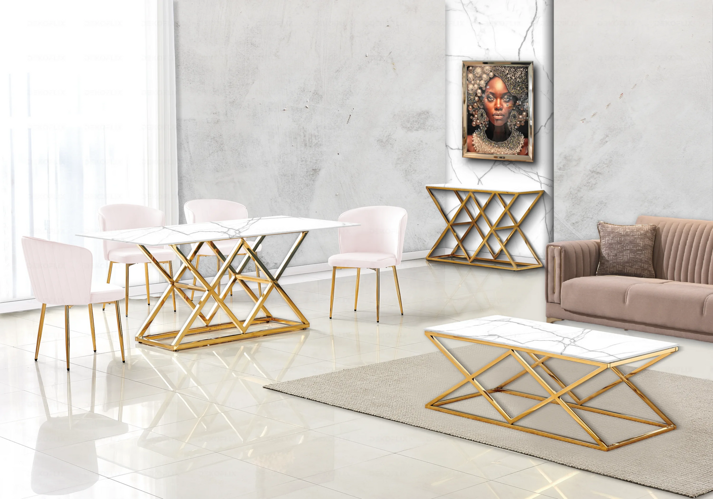 Chaise dorée velours rose DIVA - Lot de 4