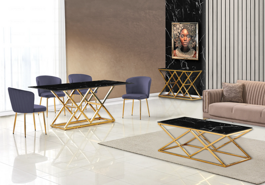 Table marbre noir et Chaises velours anthracite doré ERLY - DEKOFLIX