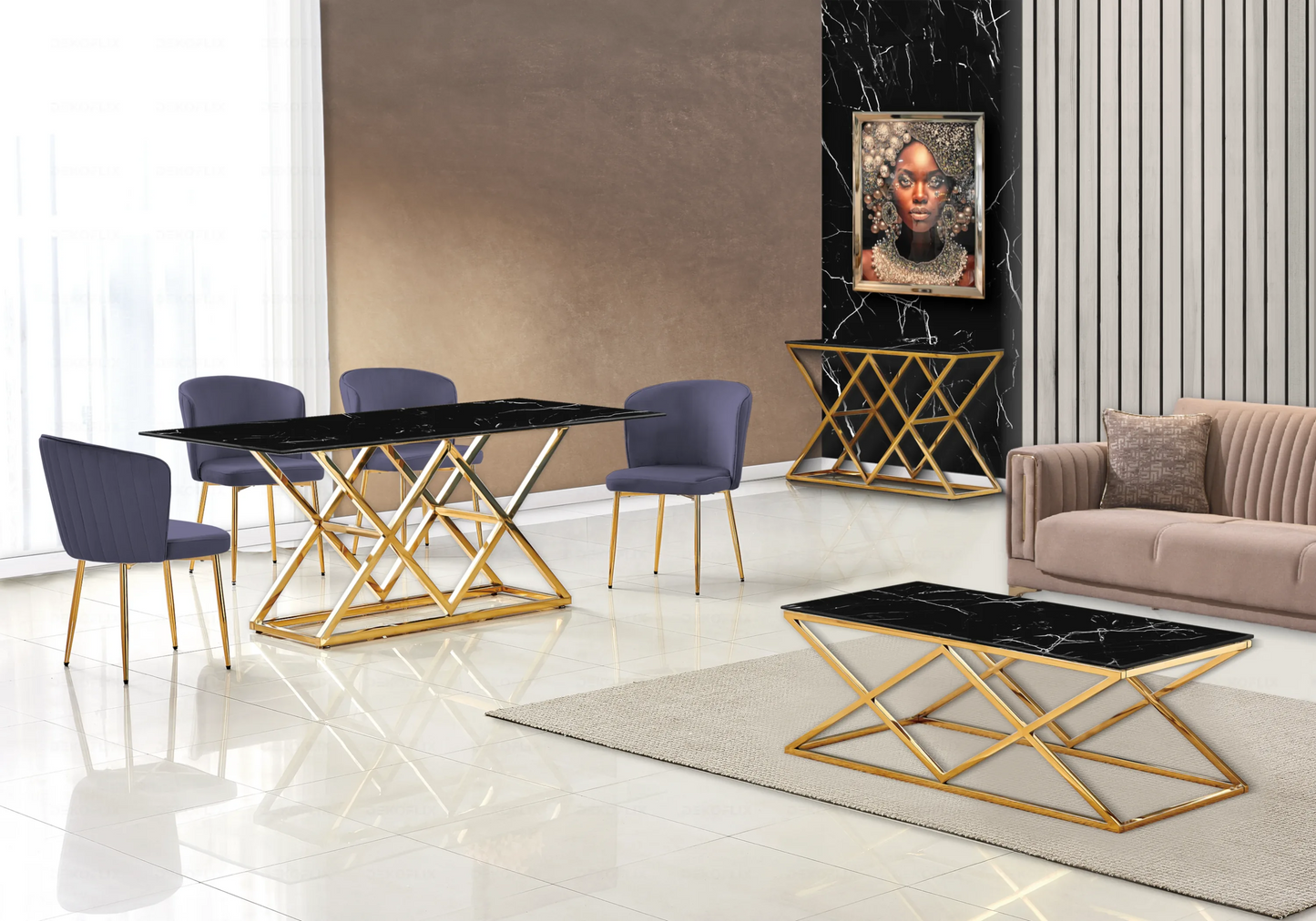 Salle à manger marbre noir et Chaises velours anthracite doré ERLY - DEKOFLIX