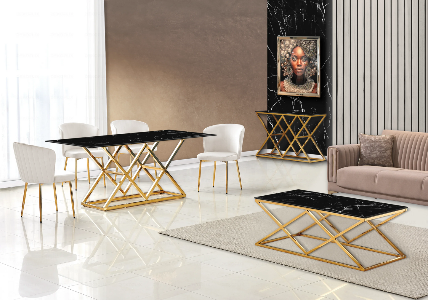 Table basse dorée marbre noir design ERLY - DEKOFLIX