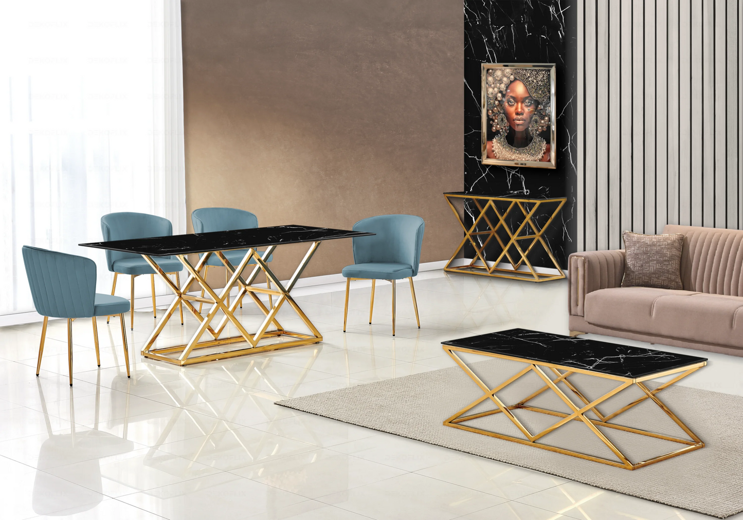 Salle à manger marbre noir et Chaises velours bleu doré ERLY - DEKOFLIX