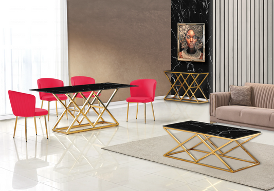 Salle à manger marbre noir et Chaises velours fuchsia doré ERLY - DEKOFLIX