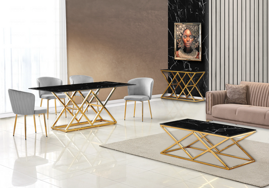 Table marbre noir et Chaises velours gris doré ERLY - DEKOFLIX
