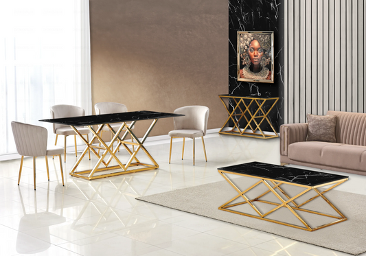 Salle à manger marbre noir et Chaises velours moka doré ERLY - DEKOFLIX