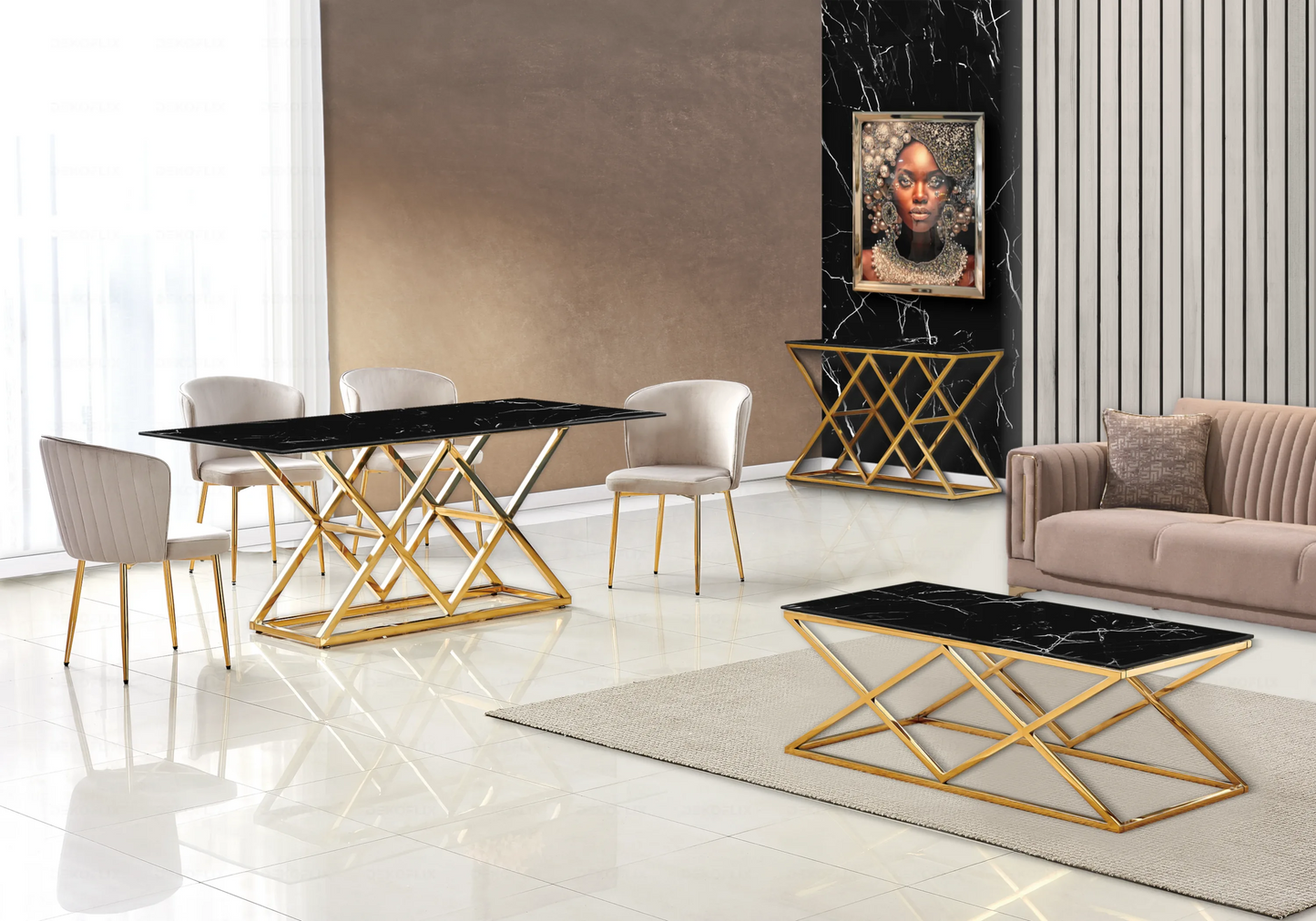 Table marbre noir et Chaises velours moka doré ERLY - DEKOFLIX