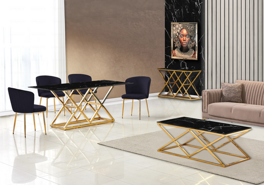 Table marbre noir et Chaises velours noir doré ERLY - DEKOFLIX
