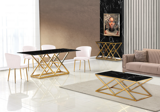 Salle à manger marbre noir et Chaises velours rose doré ERLY - DEKOFLIX