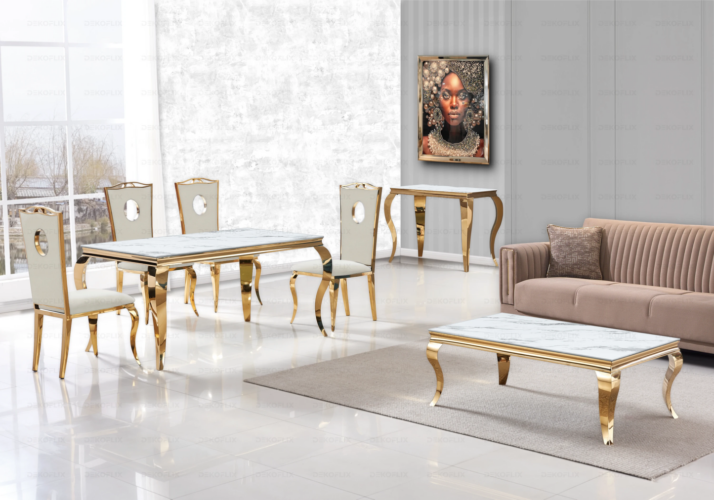 Table à manger marbre beige pied doré – NEO