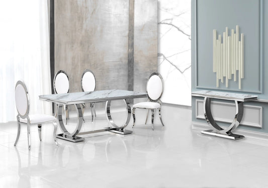 Salle à manger marbre blanc et chaises médaillon blanc chromé BOBO New Design