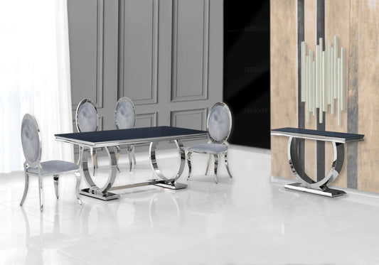 Salle à manger verre noir et chaises médaillon velours gris chromé BOBO New Design