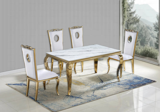 Salle à manger marbre beige chaises simili-cuir blanc doré - NEO New Design
