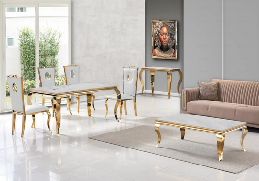 Salle à manger marbre beige chaises simili-cuir blanc doré - NEO New Design