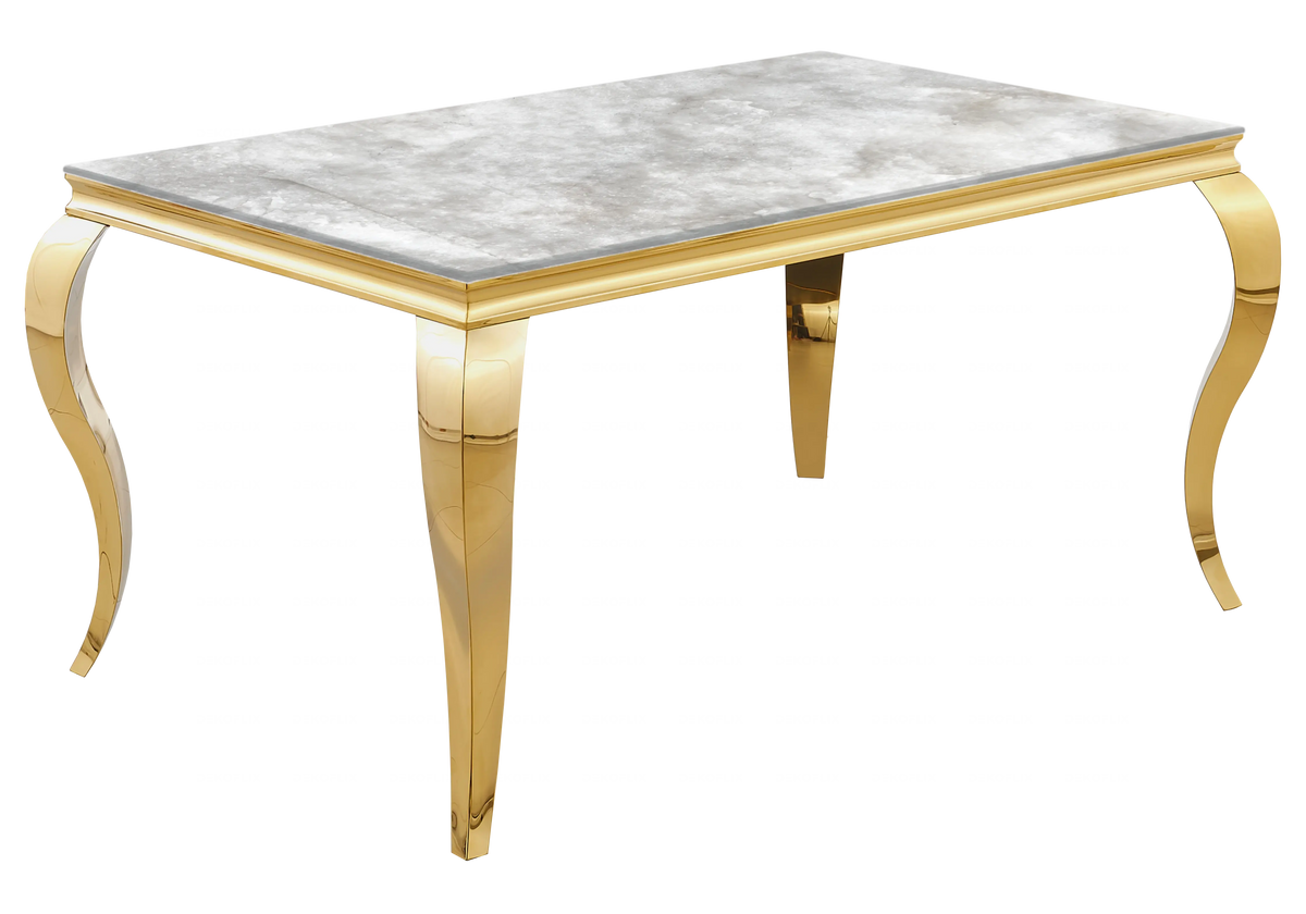 Salle à manger marbre beige chaises simili-cuir blanc doré - NEO New Design