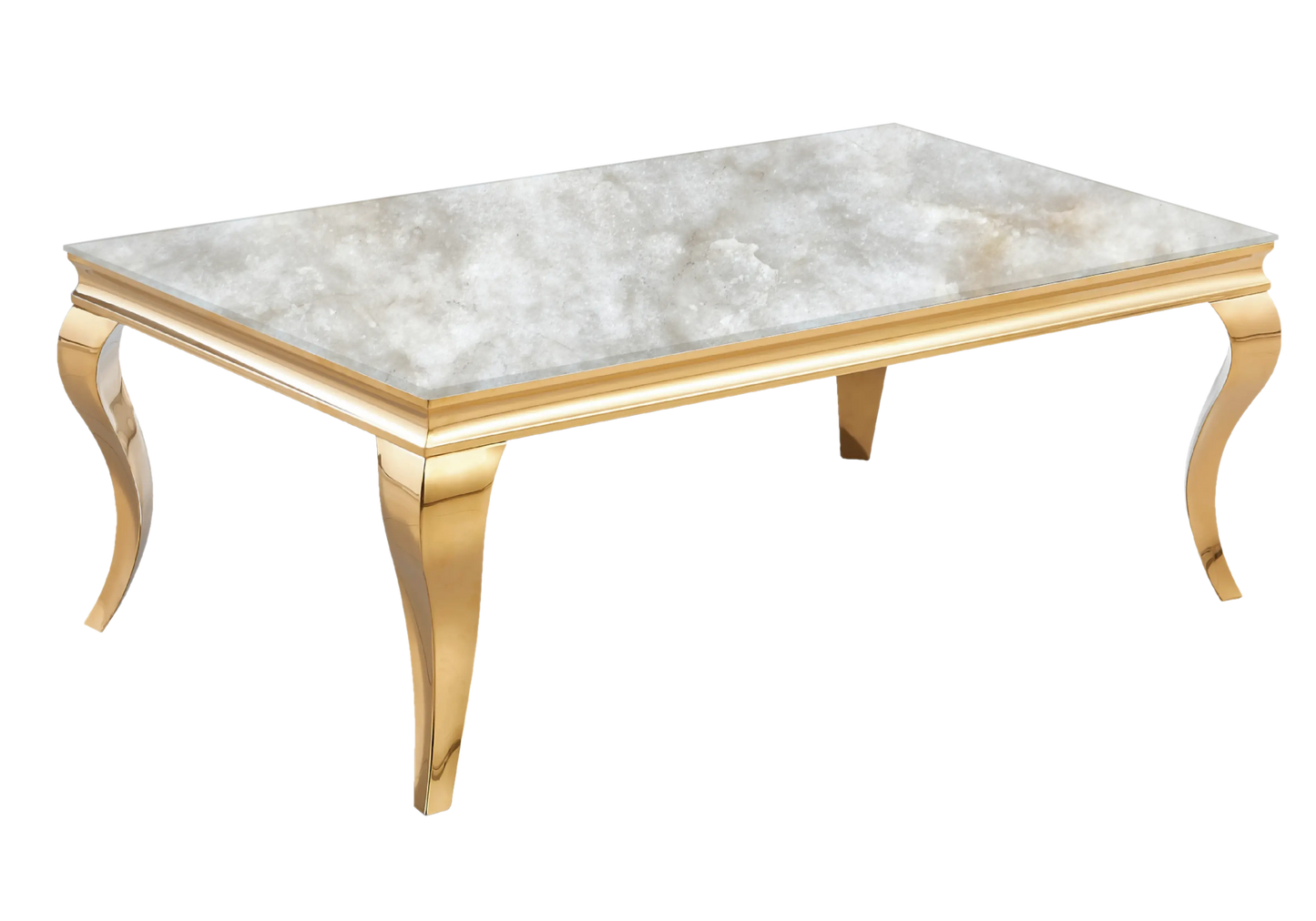 Salle à manger marbre beige chaises simili-cuir blanc doré - NEO New Design