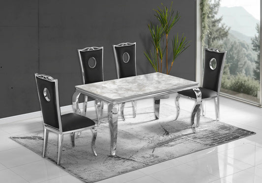 Salle à manger marbre beige chaises simili-cuir noir argent - NEO New Design