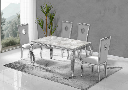 Salle à manger marbre beige chaises velours gris argent - NEO New Design