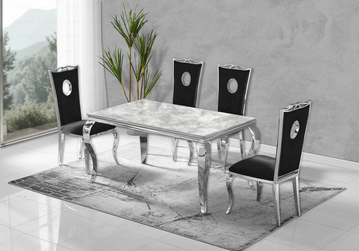 Salle à manger marbre beige chaises velours noir argent - NEO New Design