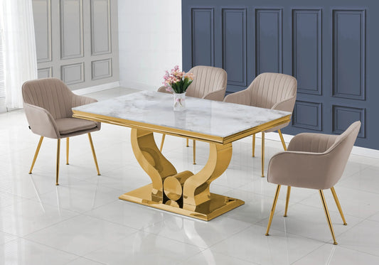 Salle à manger marbre beige doré avec chaises taupe NEA New Design