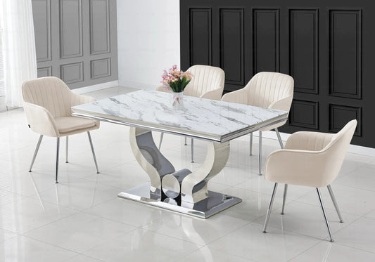 Salle à manger marbre blanc argent avec chaises beige NEA New Design