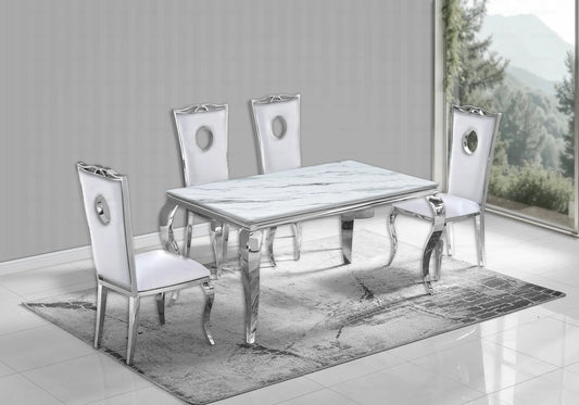 Salle à manger marbre blanc chaises simili-cuir blanc argent - NEO New Design