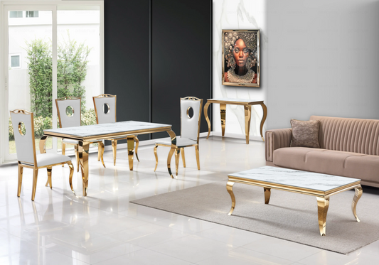 Salle à manger marbre blanc chaises simili-cuir blanc doré - NEO New Design