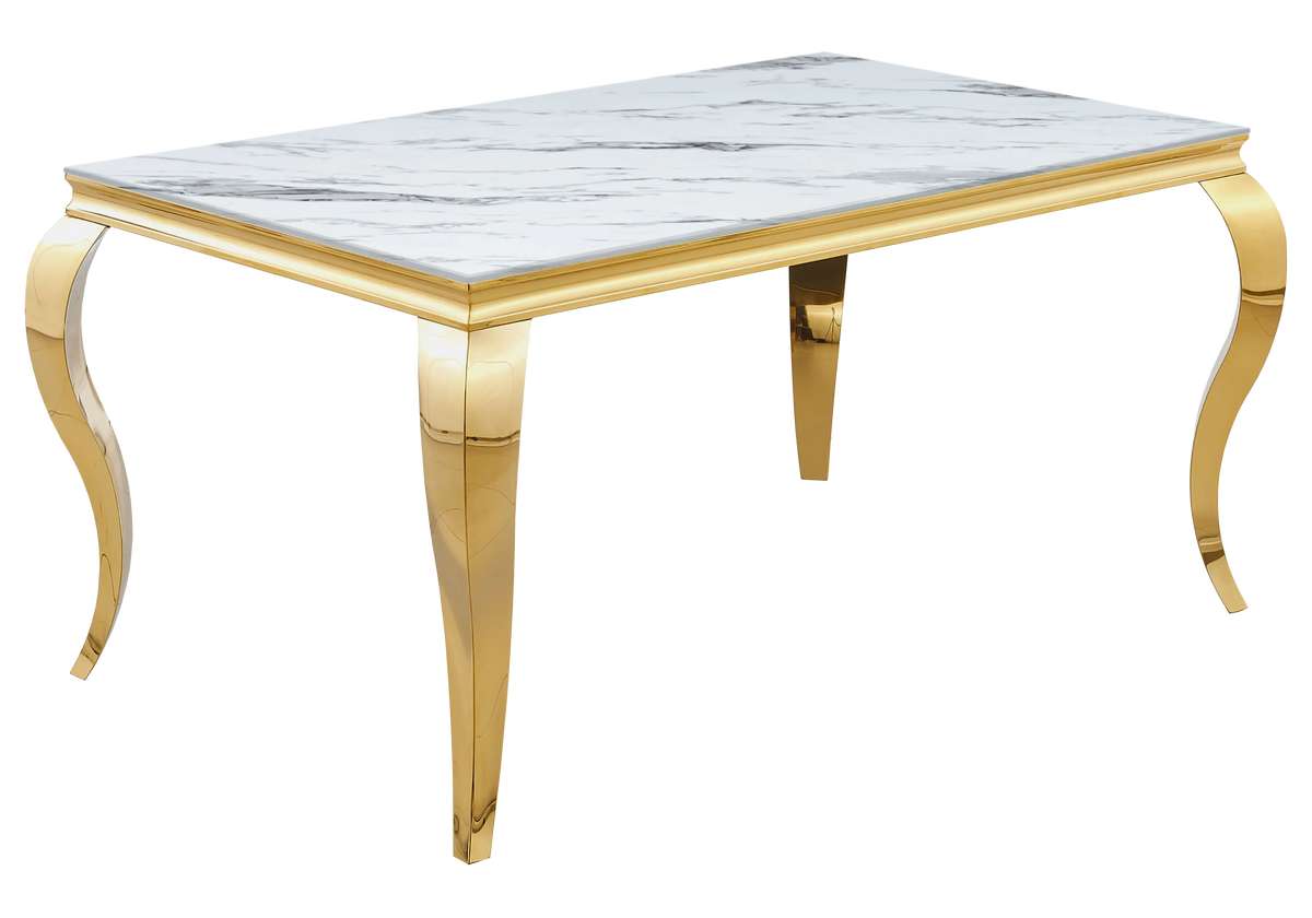 Salle à manger marbre blanc chaises simili-cuir blanc doré - NEO New Design