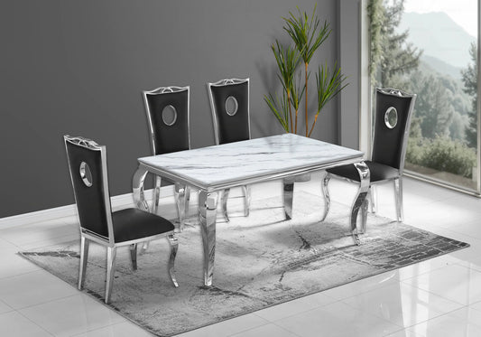 Salle à manger marbre blanc chaises simili-cuir noir argent - NEO New Design