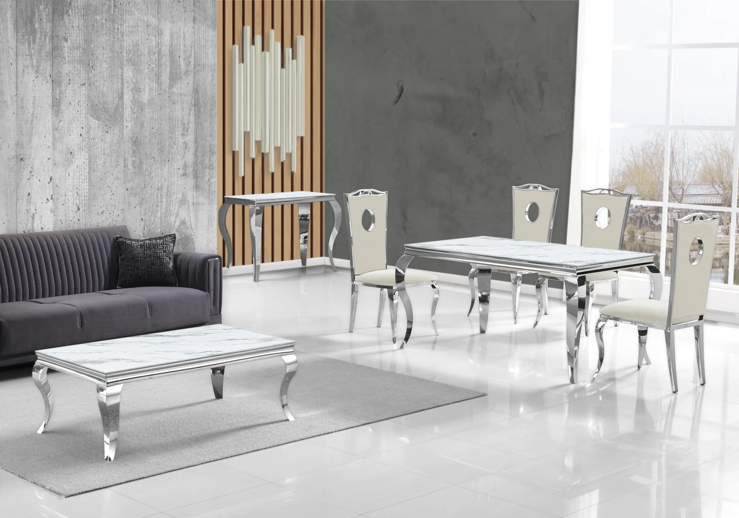 Salle à manger marbre blanc chaises velours beige argent - NEO New Design