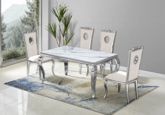 Salle à manger marbre blanc chaises velours beige argent - NEO New Design